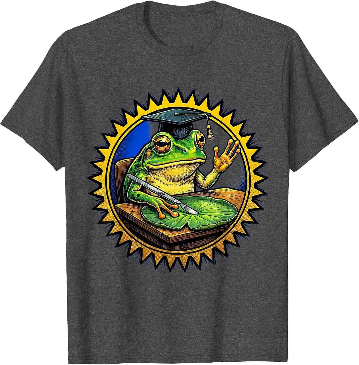 Frog Science Teacher Mortarboard Lily Pad Design T-Shirt - Dark Heather Grey