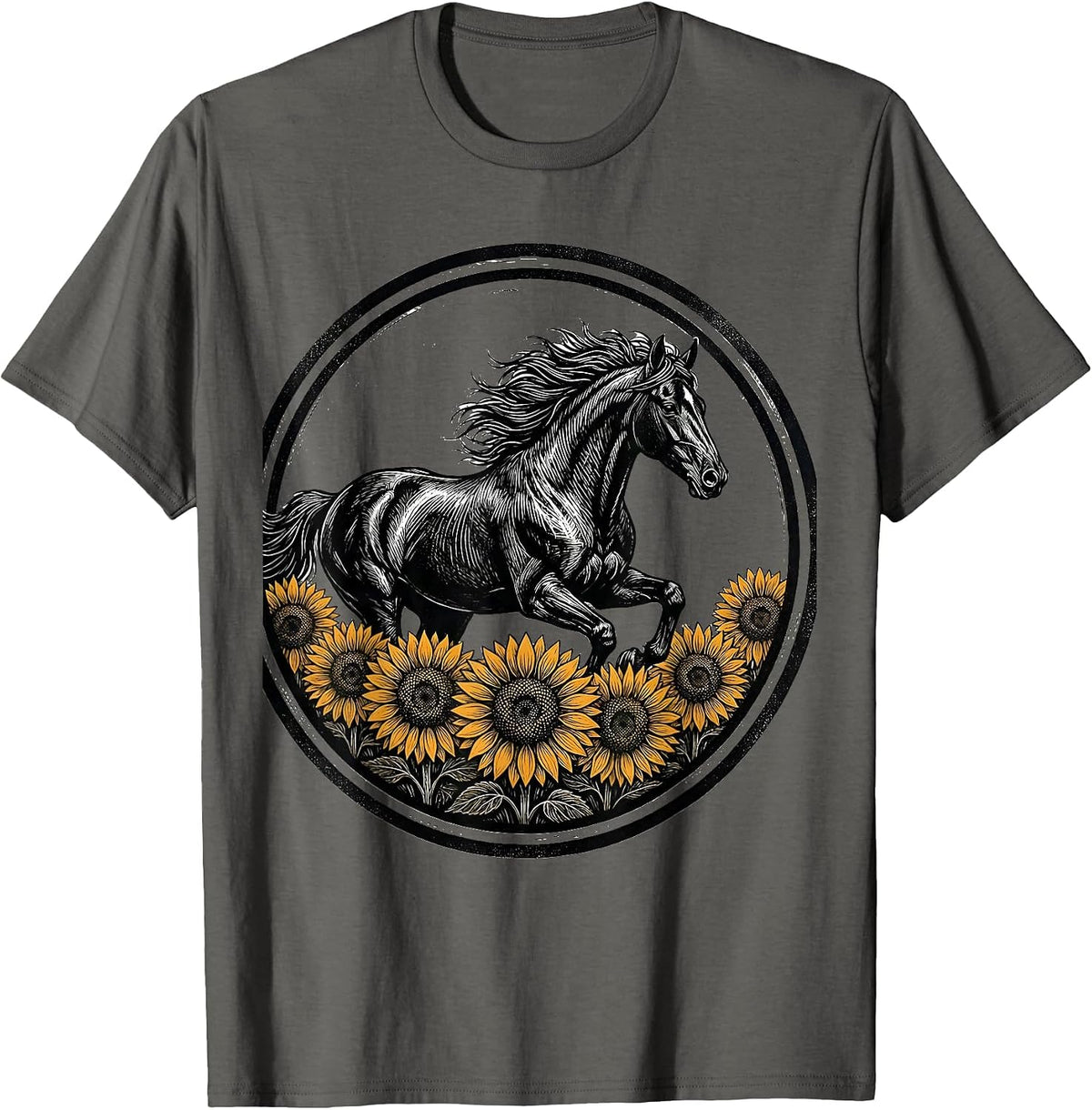 Horse Galloping Through Sunflower Field T-Shirt - Asphalt Grey