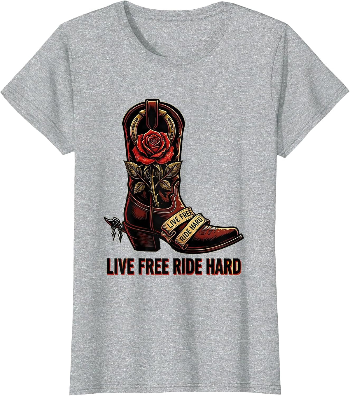 Live Free Ride Hard Cowgirl Design T-Shirt - Heather Grey