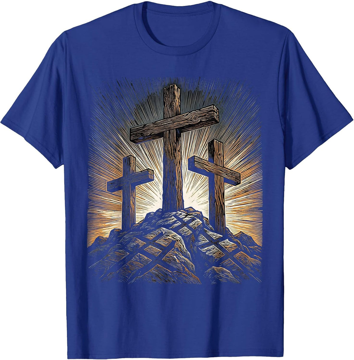 Three Crosses on Rocky Hilltop at Dusk T-Shirt - Royal Blue