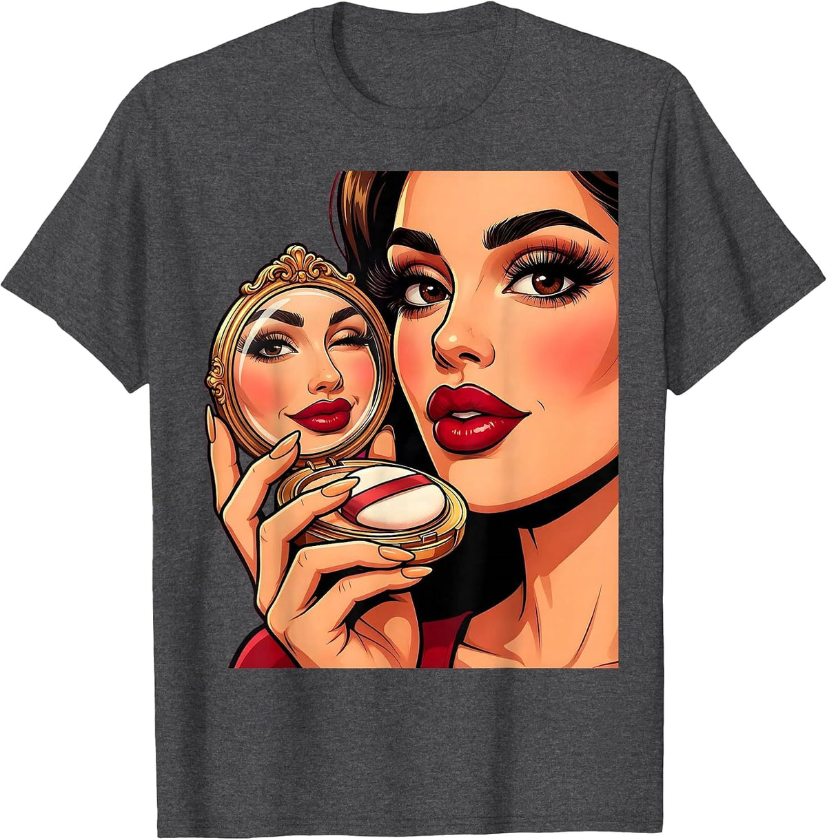 Gigi Bold Red Lips Compact Mirror Graphic T-Shirt - Dark Heather Grey