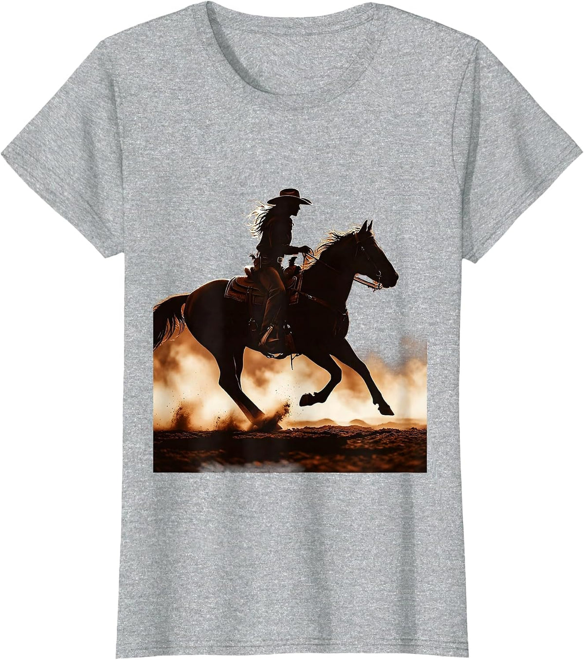 White Cowgirl Riding Horse Through Dusty Trail T-Shirt - Heather Grey
