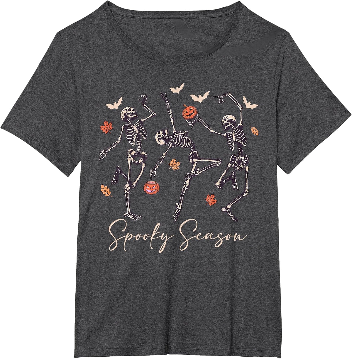 Funny Dancing Skeleton Halloween Pumpkin Spooky Season T-Shirt - Dark Heather Grey