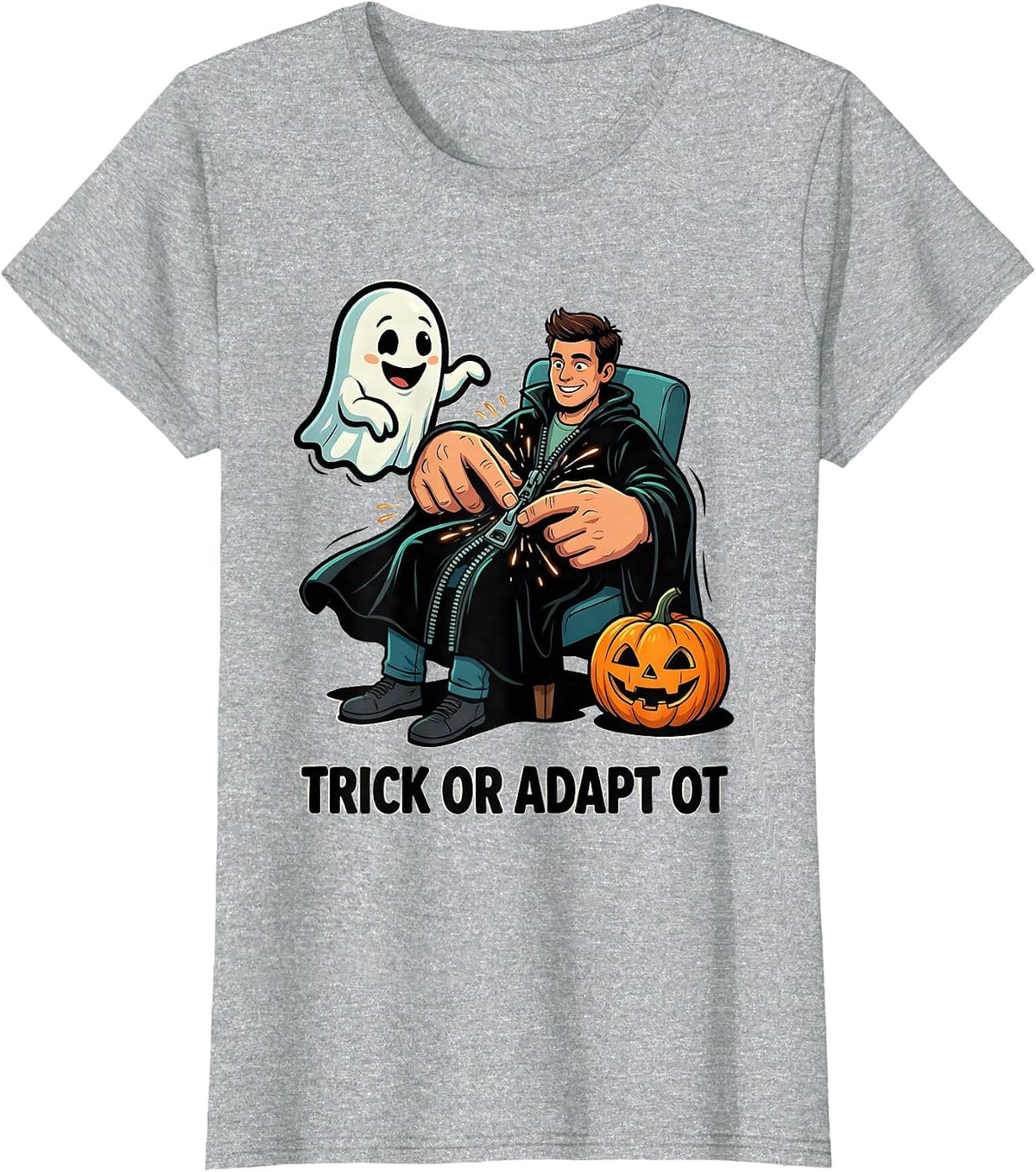Trick Or Adapt OT Cartoon Ghost Physical Therapy Halloween T-Shirt - Heather Grey
