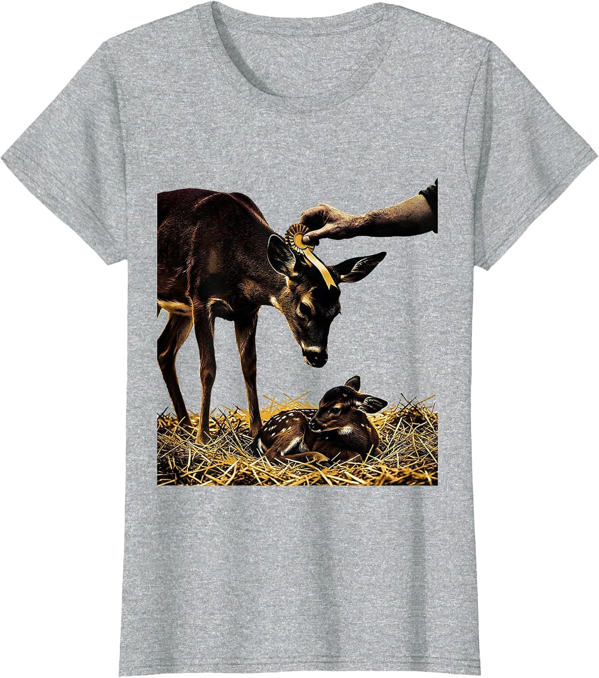 Women's Newborn Kid Horned Doe Screenprint Poster Goat Lover Gift T-Shirt - Heather Grey