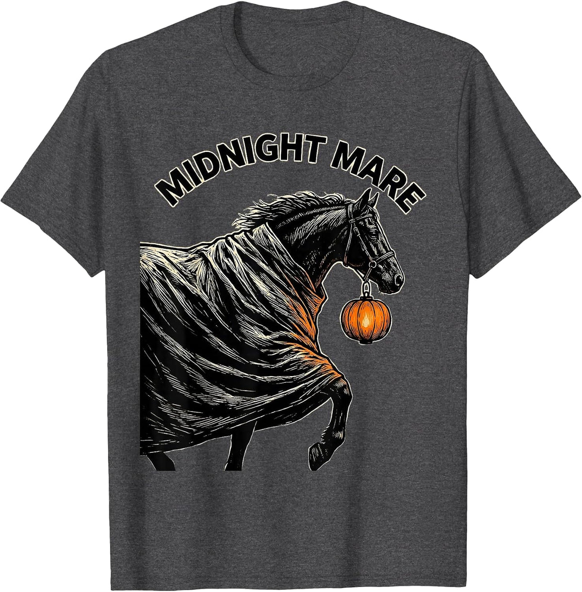 Midnight Mare Linocut Spooky Horse Halloween Equestrian Gift T-Shirt - Dark Heather Grey