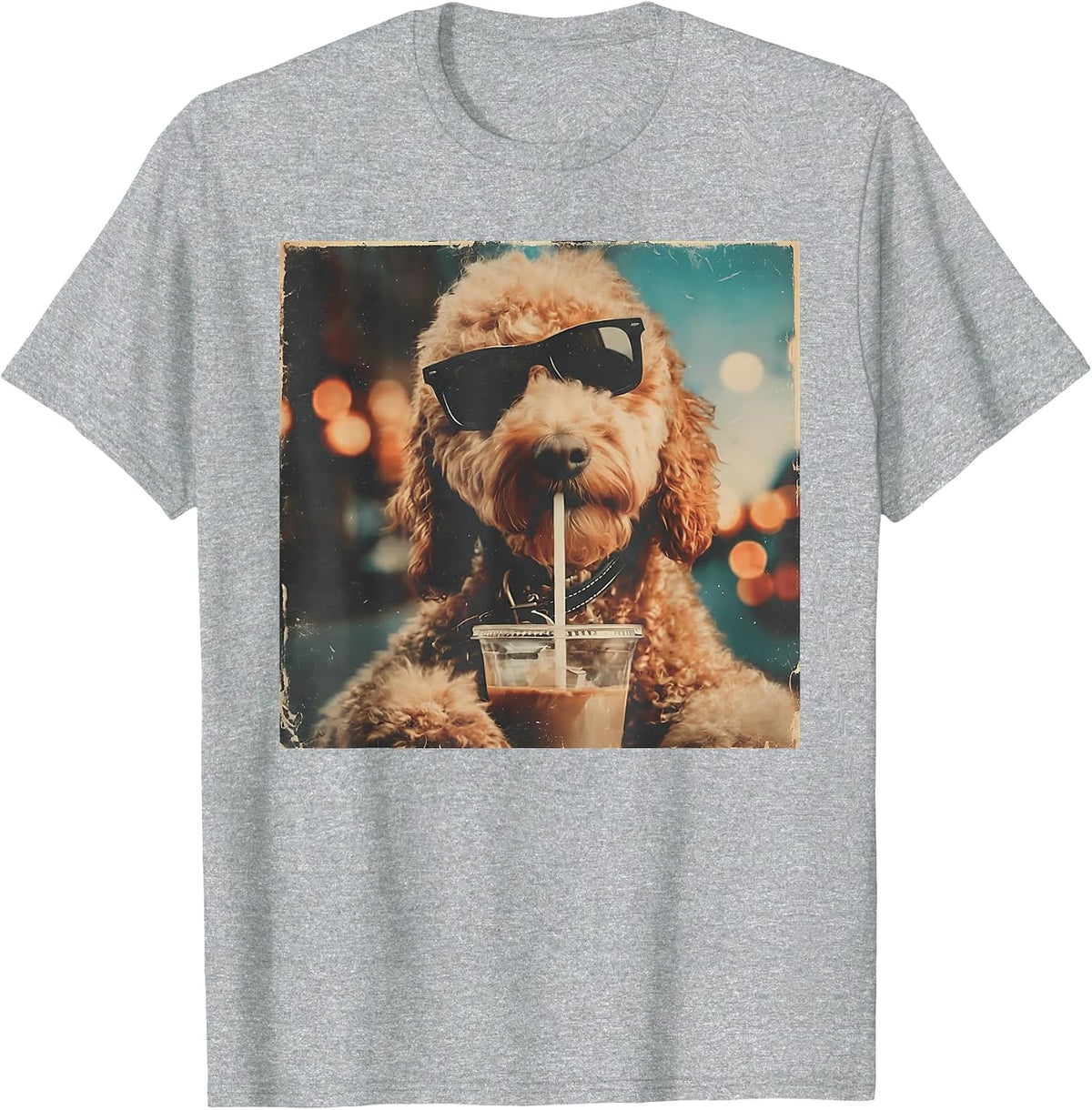 Funny Goldendoodle Drinking Iced Coffee Dog with Sunglasses T-Shirt - Heather Grey
