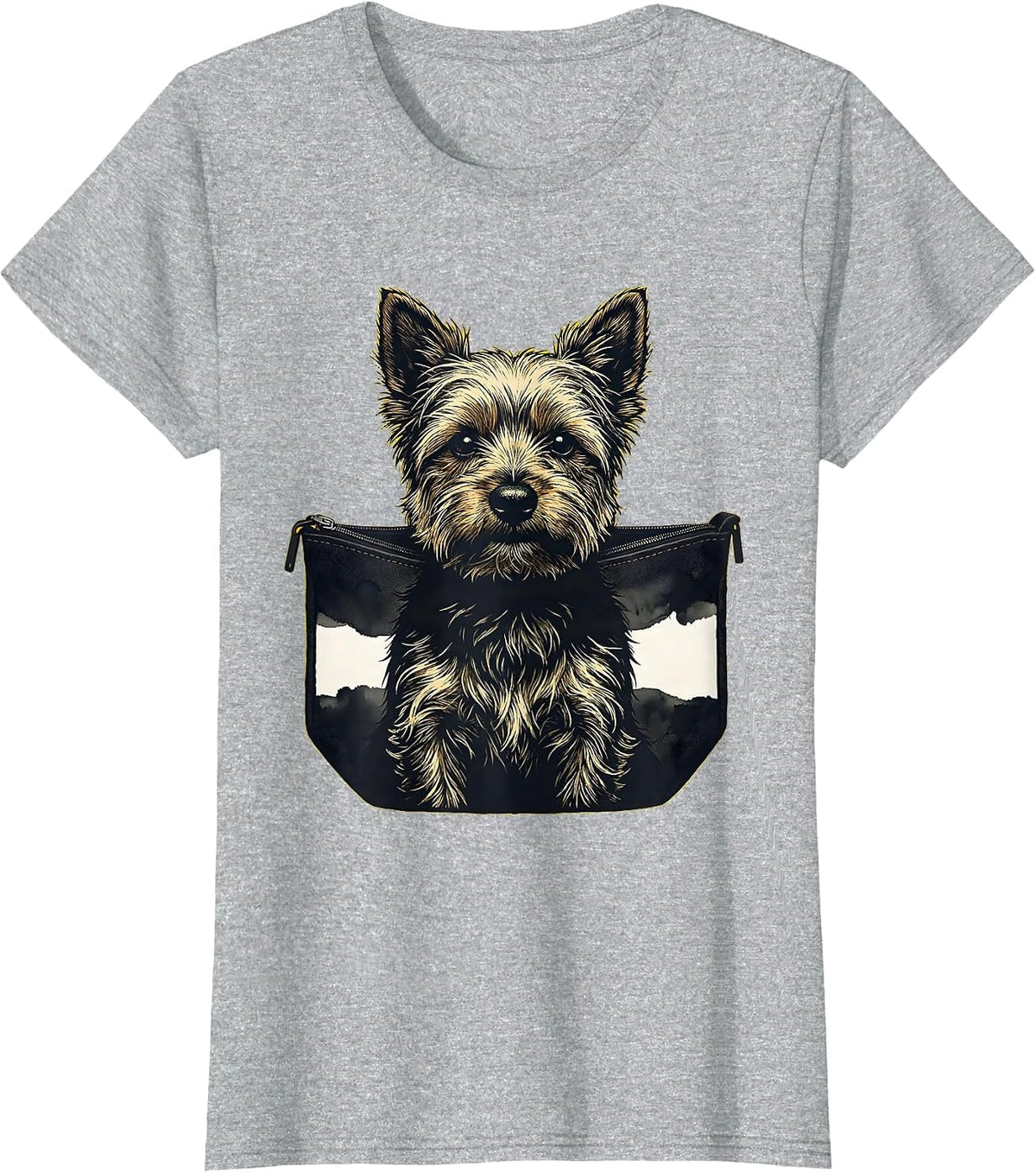 Peeking Puppy Pocket Yorkshire Terrier Stencil Graphic T-Shirt - Heather Grey