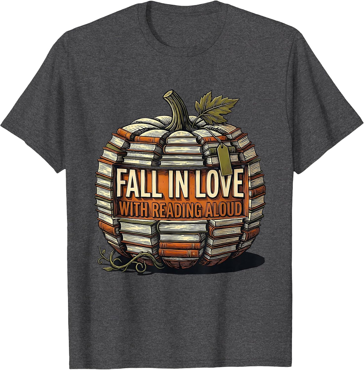 Fall In Love With Reading Aloud Linocut Pumpkin Teacher T-Shirt - Dark Heather Grey