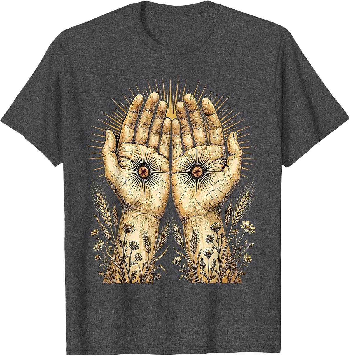Nail-Scarred Hands Radiating Light Jesus Design T-Shirt - Dark Heather Grey