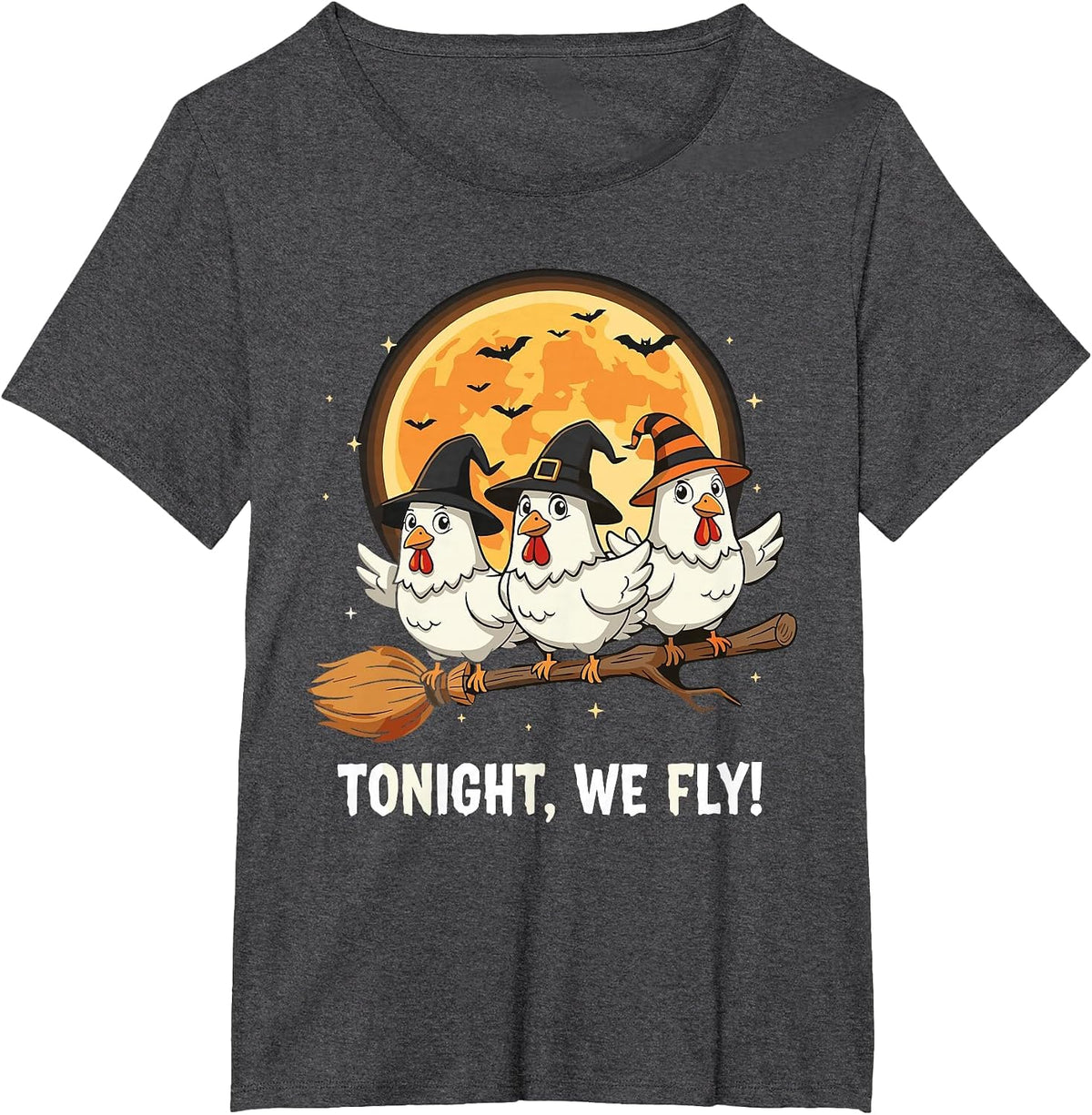 Funny Halloween Chicken Witches Broomstick Spooky Hens Moon T-Shirt - Dark Heather Grey