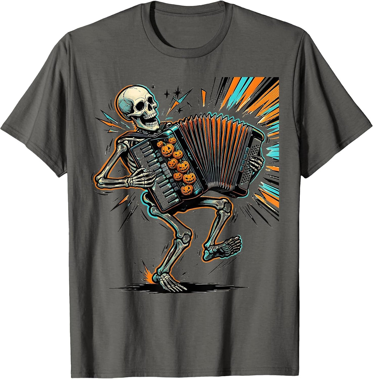 Men's Skeleton Accordionist Comic Book Halloween Musician Costume T-Shirt - Asphalt Grey