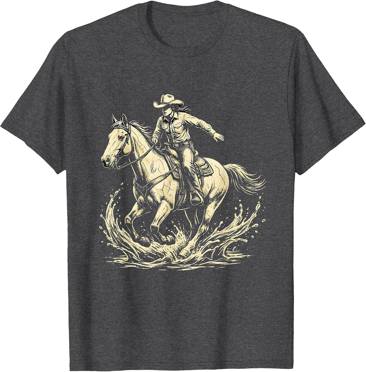 Cowgirl Riding Horse Through River Splash T-Shirt - Dark Heather Grey