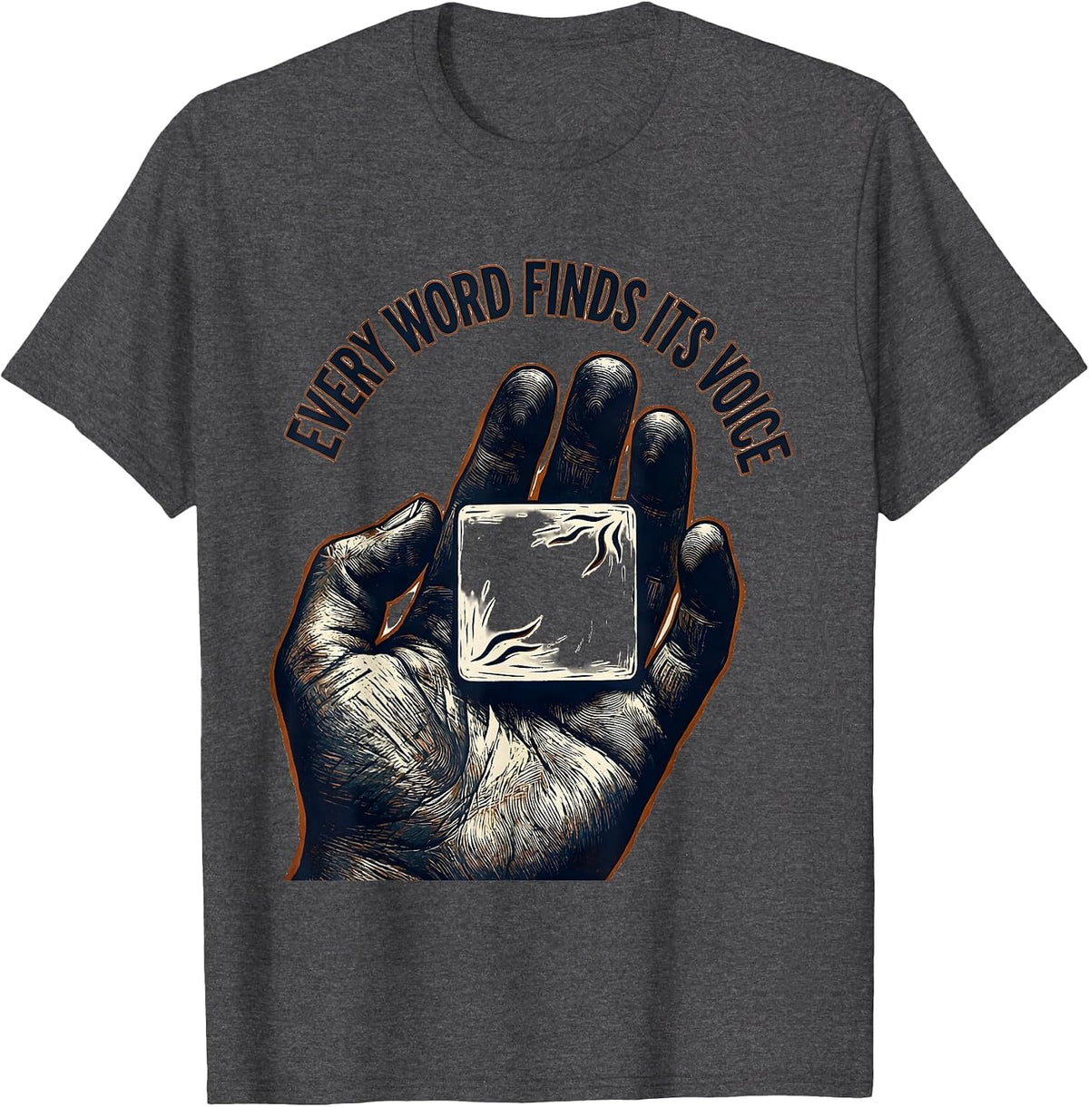 Men's Every Word Finds Its Voice Linocut Speech Language T-Shirt - Dark Heather Grey