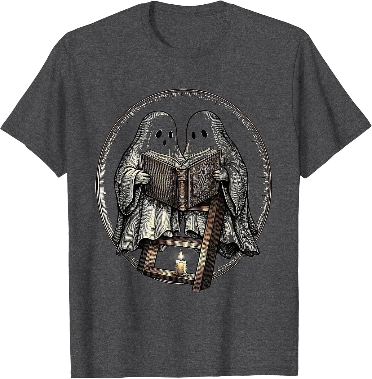 Bookish Ghosts Reading Library Ladder Cozy Halloween T-Shirt - Dark Heather Grey