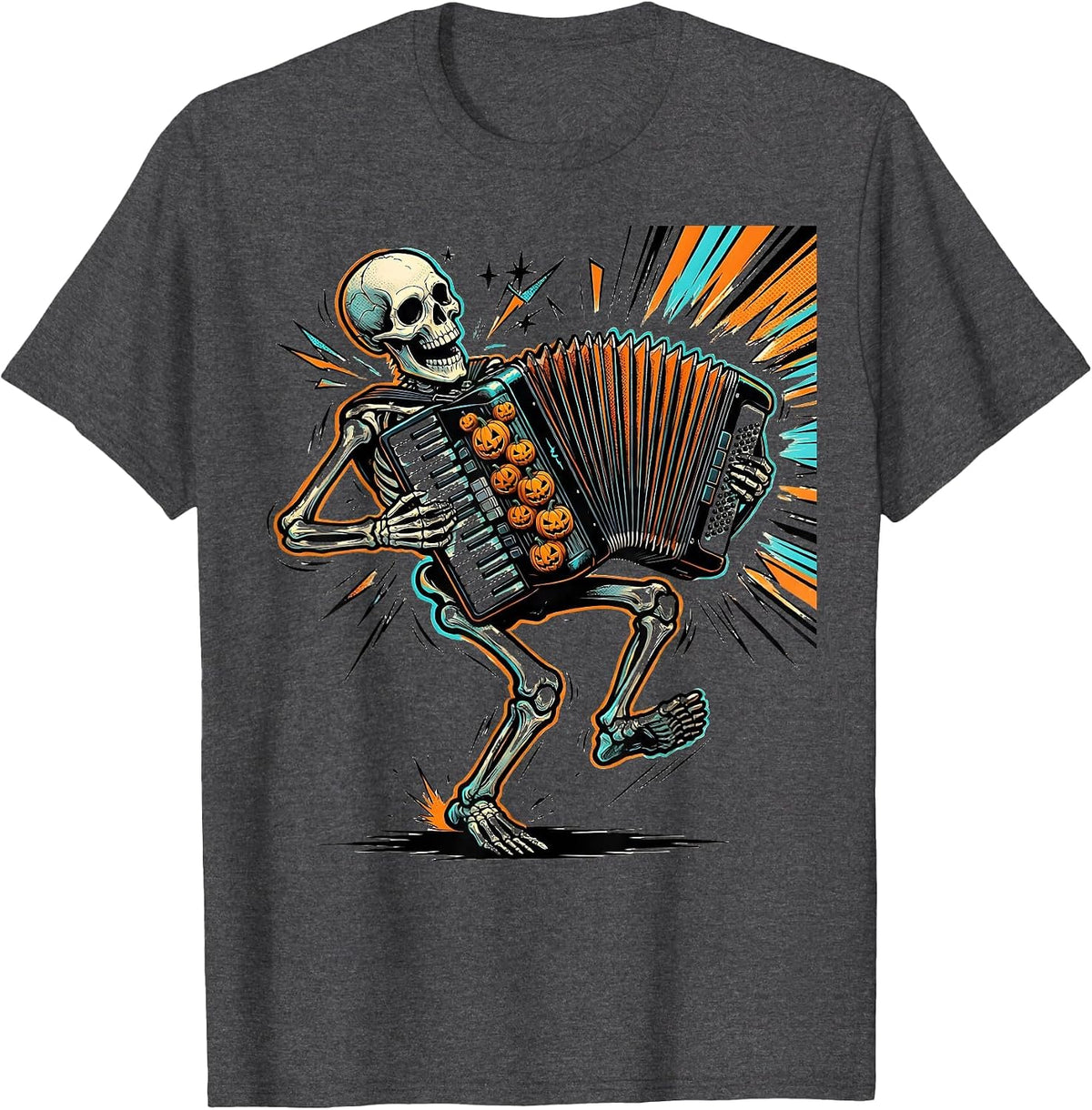 Men's Skeleton Accordionist Comic Book Halloween Musician Costume T-Shirt - Dark Heather Grey