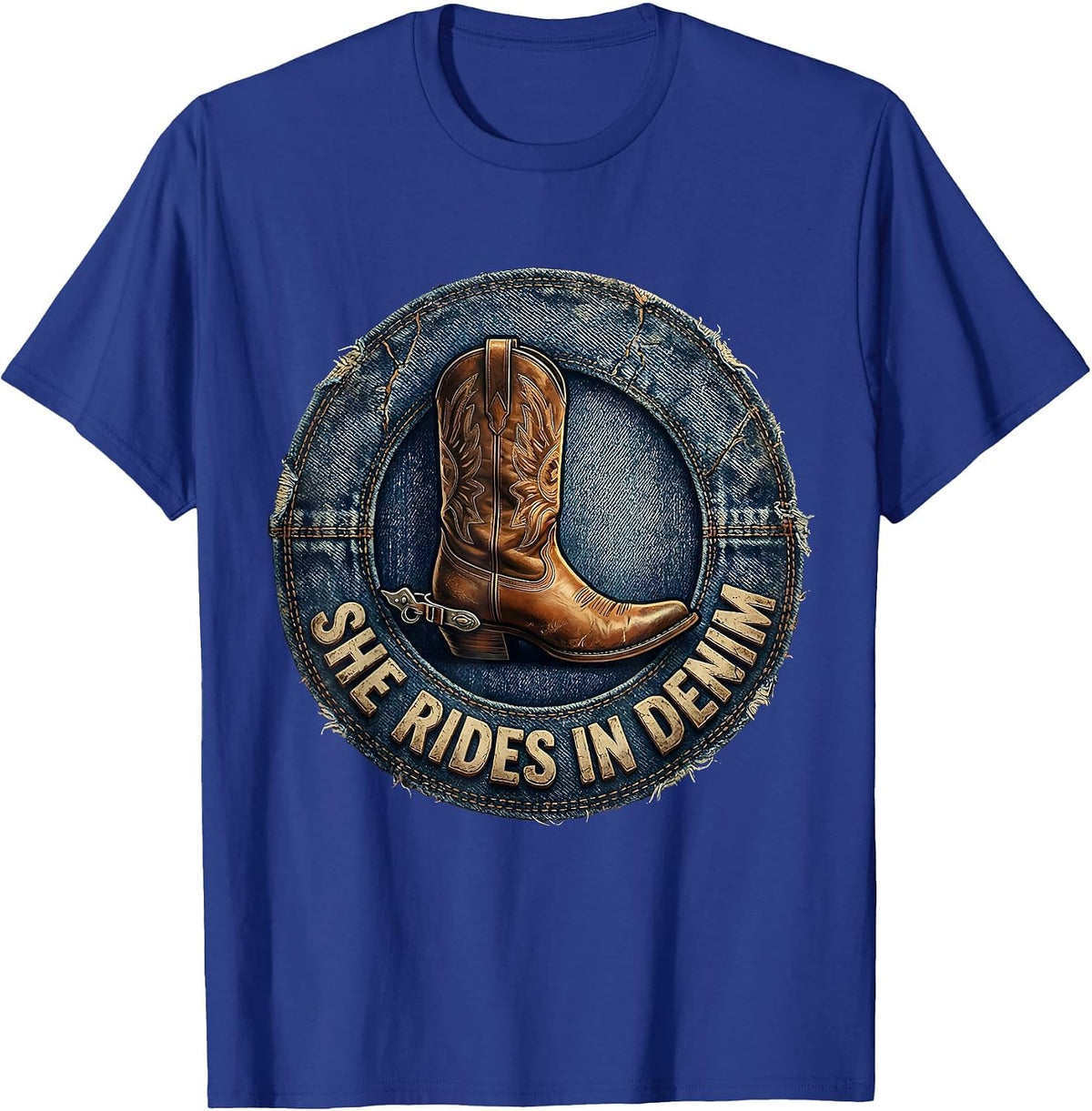 She Rides In Denim Cowgirl Graphic Design T-Shirt - Royal Blue