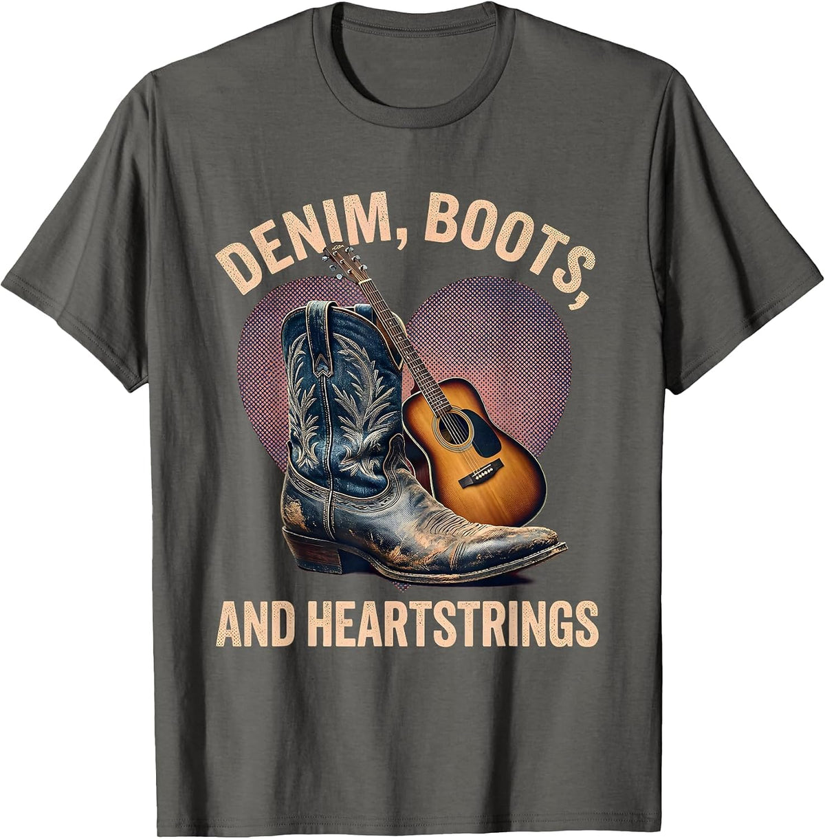 Denim Boots and Heartstrings Country Music Design T-Shirt - Asphalt Grey