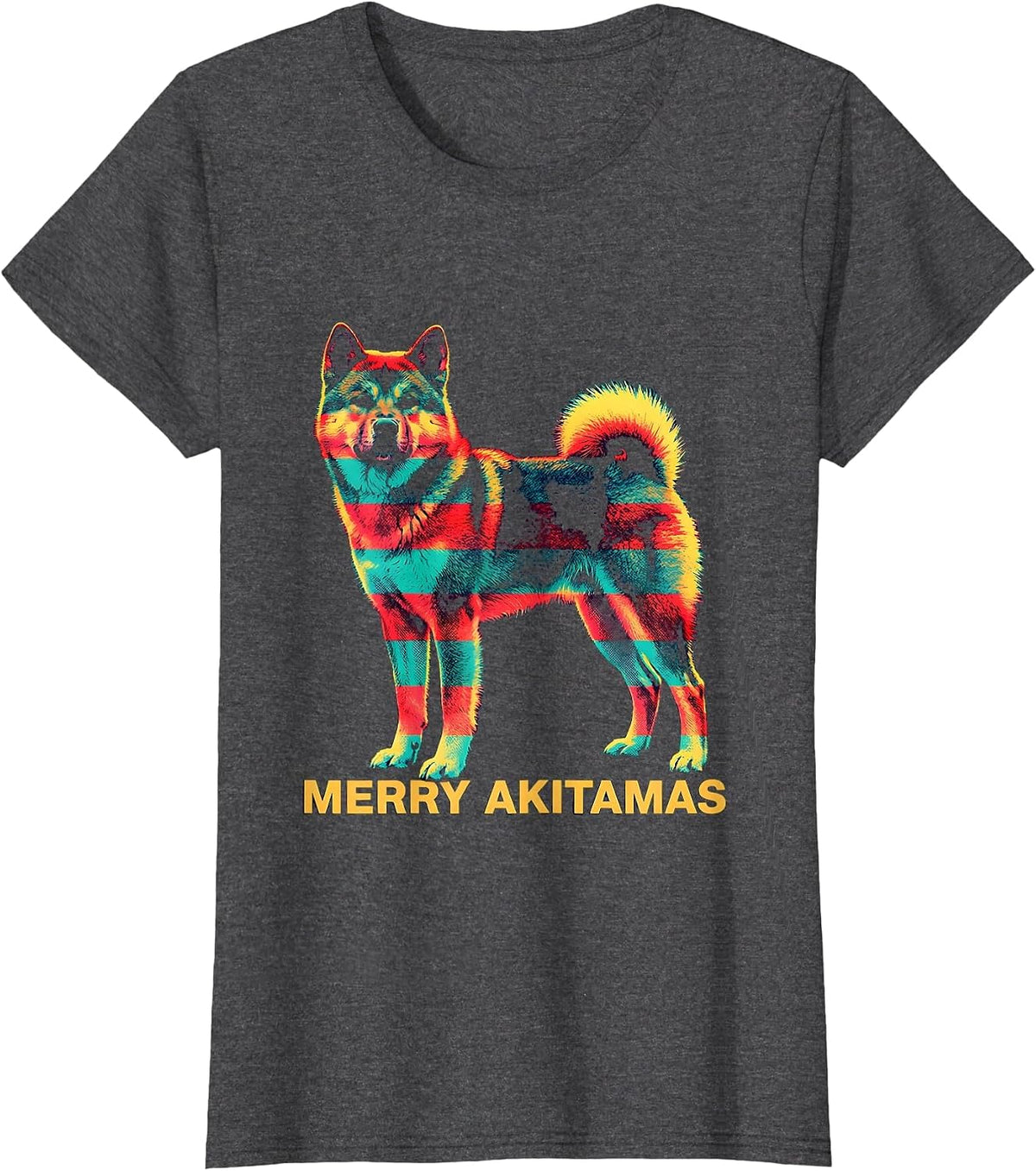 Women's Merry Akitamas Risograph Christmas Dog Breed Lover Novelty T-Shirt - Dark Heather Grey