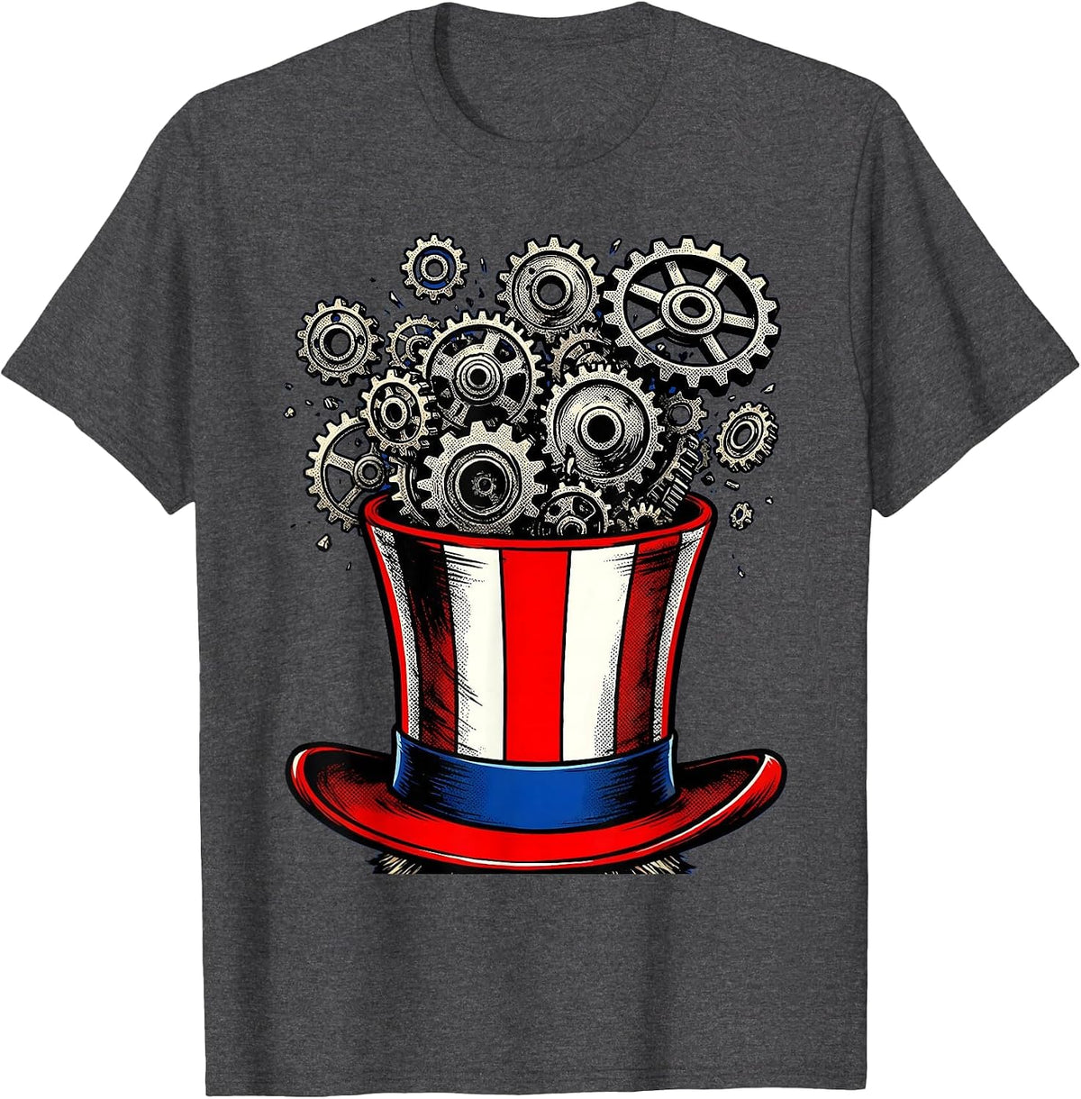 Uncle Sam Hat Overflowing Gears Patriotic Design T-Shirt - Dark Heather Grey