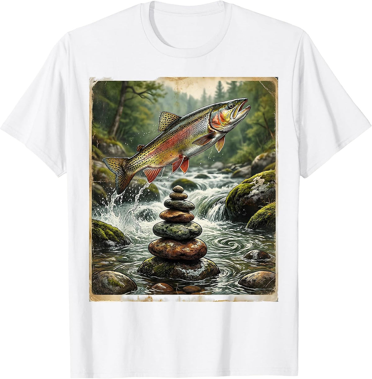 Men's Stacked River Rocks Trout Stream Fishing Graphic T-Shirt - White