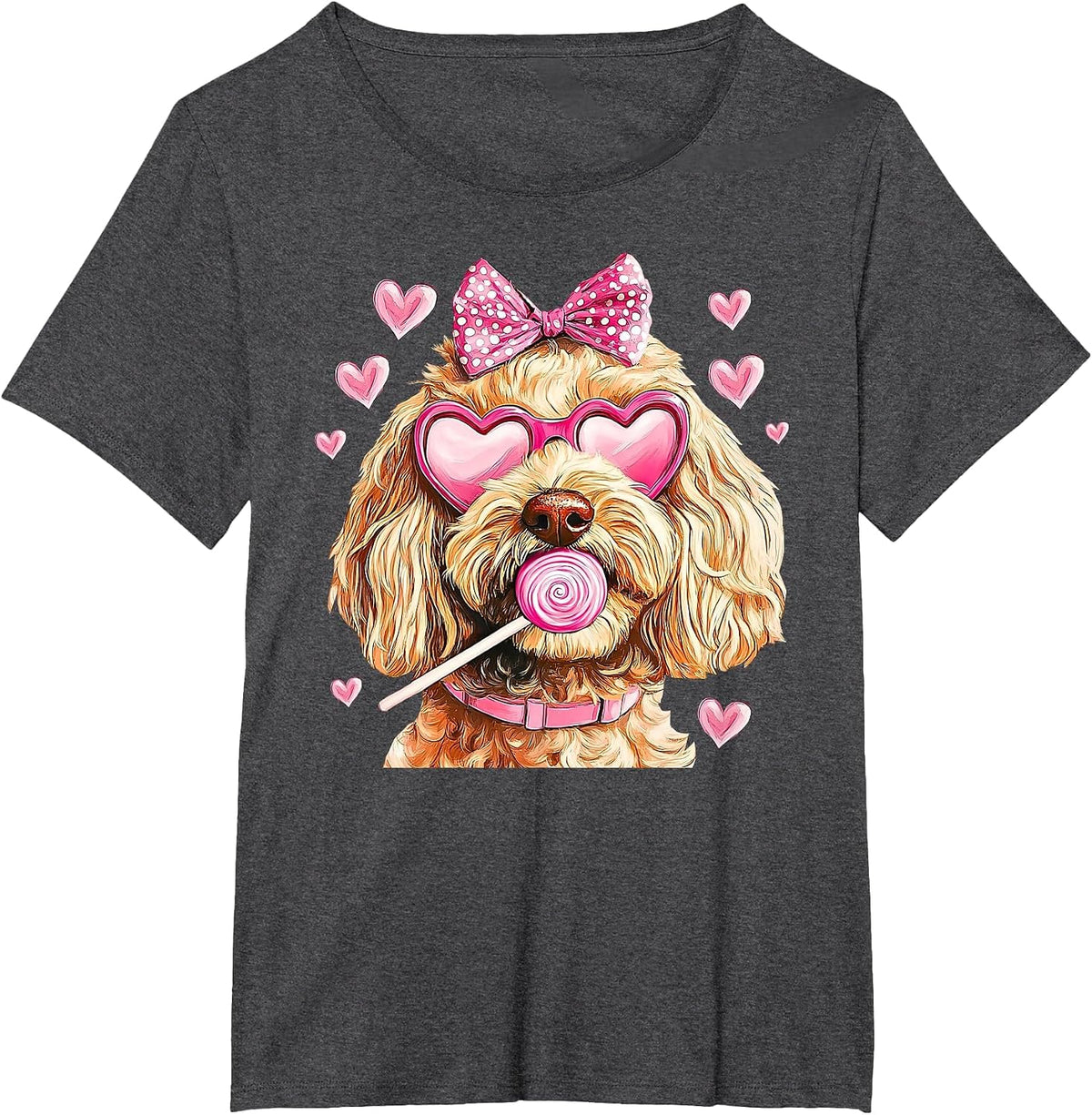 Cute Goldendoodle Wearing Glasses Heart Puppy Valentines Bow T-Shirt - Dark Heather Grey