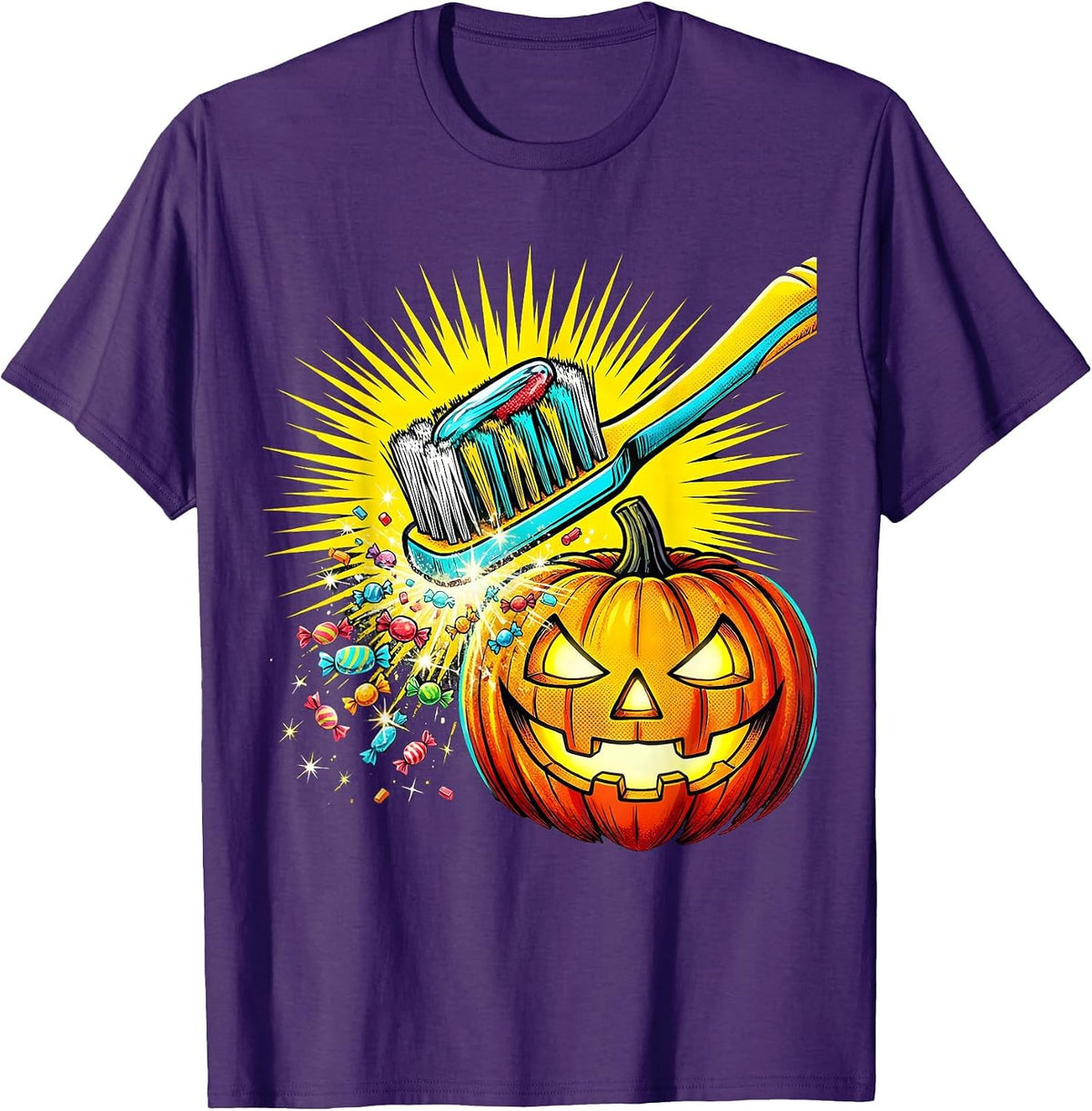 Men's Oversized Toothbrush Jack-O-Lantern Dental Humor Halloween T-Shirt - Purple