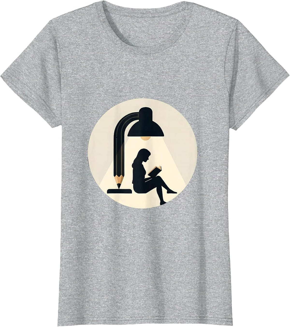 Teacher Reading Under Pencil Lamp Illustration T-Shirt - Heather Grey