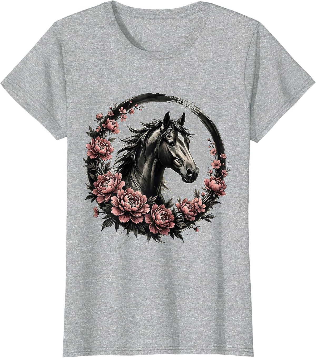 Floral Wreath Horse Portrait Graphic Design T-Shirt - Heather Grey