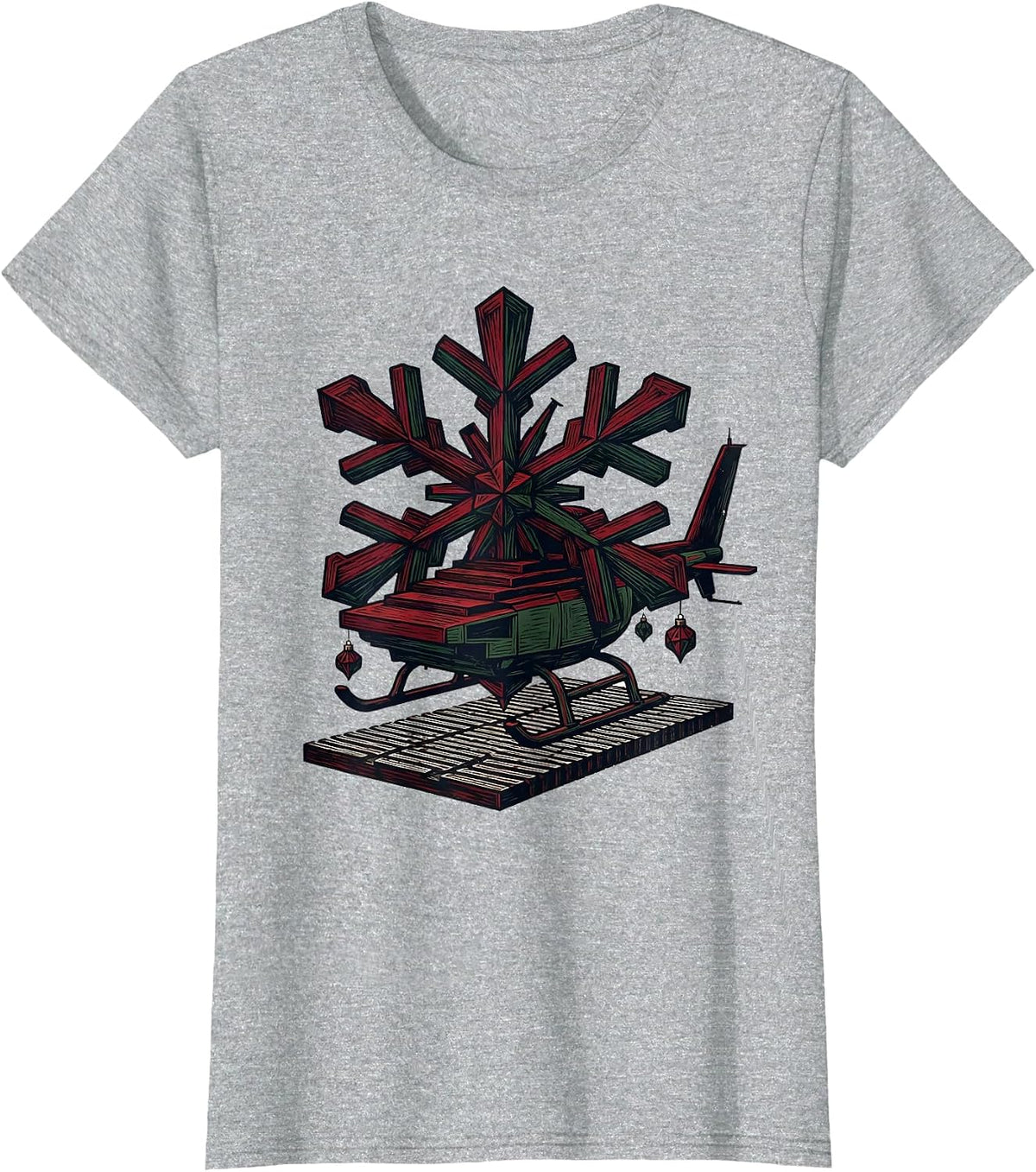 Helicopter Snowflake Linocut Christmas Pilot Aviation Humor T-Shirt - Heather Grey
