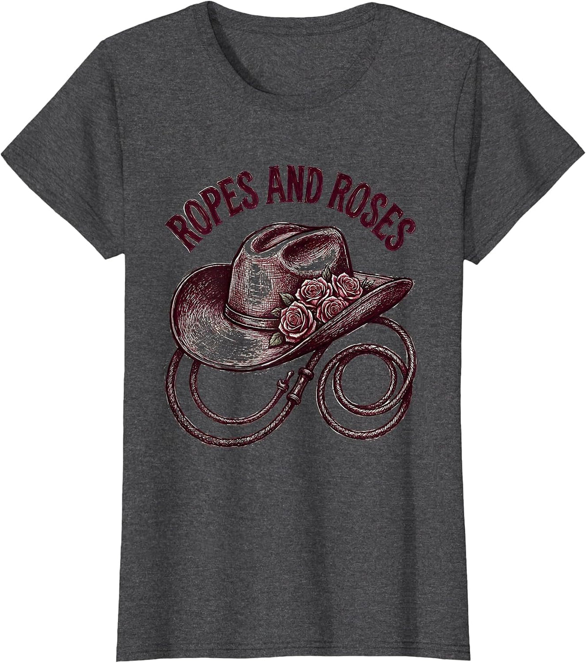 Women's Ropes and Roses Cowgirl Western Design T-Shirt - Dark Heather Grey