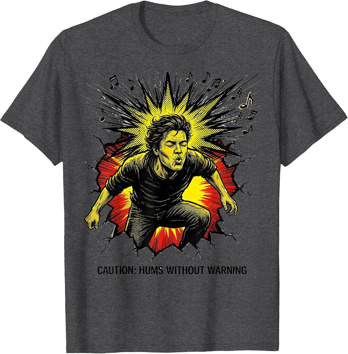 Men's Caution: Hums Without Warning Funny Music Lover Musician T-Shirt - Dark Heather Grey