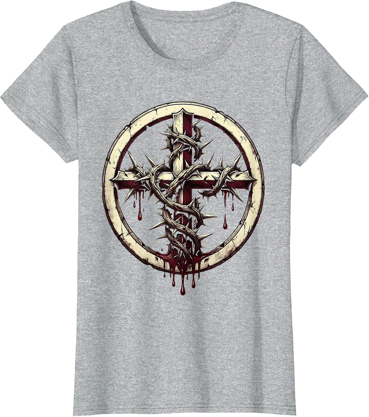 Women's Cross Wrapped in Thorns with Dripping Blood Design T-Shirt - Heather Grey