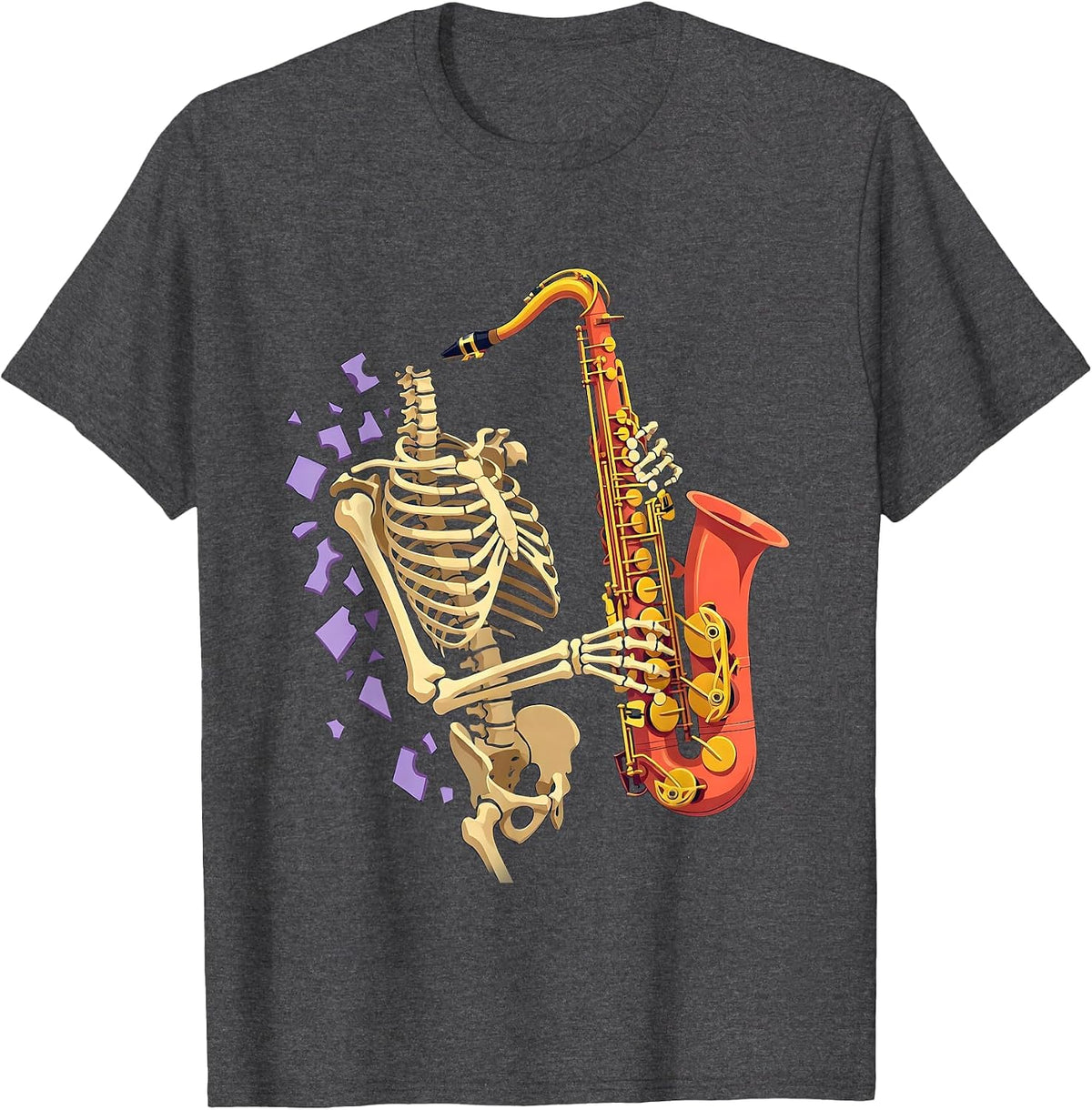 Skeleton Saxophonist Flat Vector Halloween Musician Costume T-Shirt - Dark Heather Grey