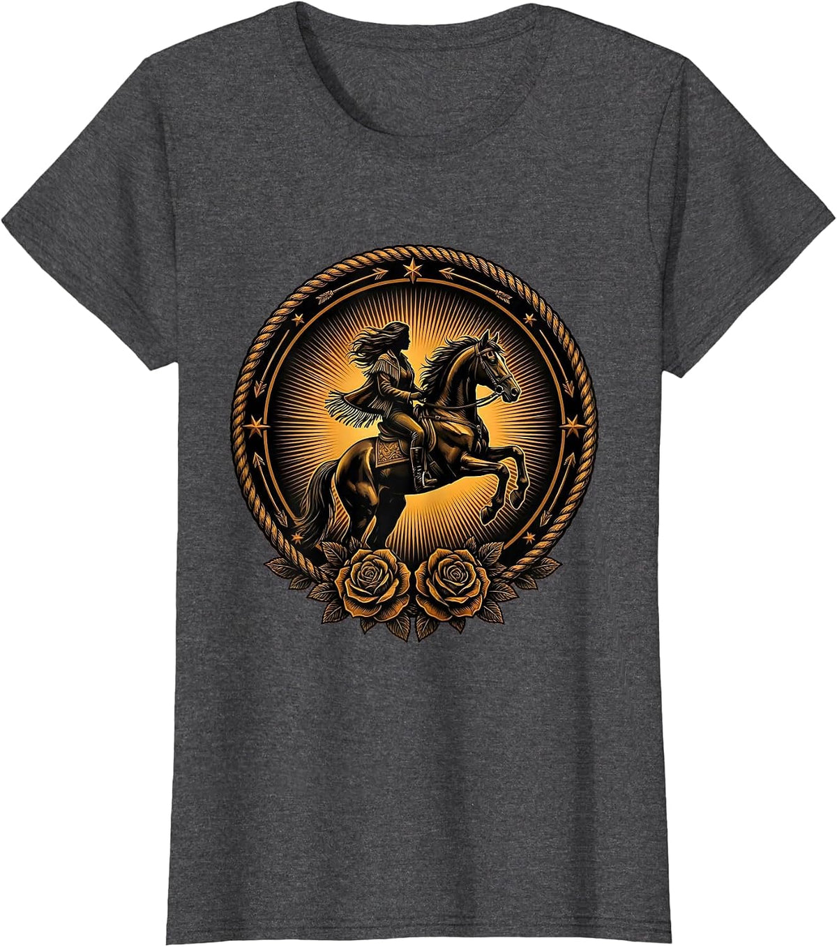 Women's Horseback Rider Sunset Silhouette Western Design T-Shirt - Dark Heather Grey