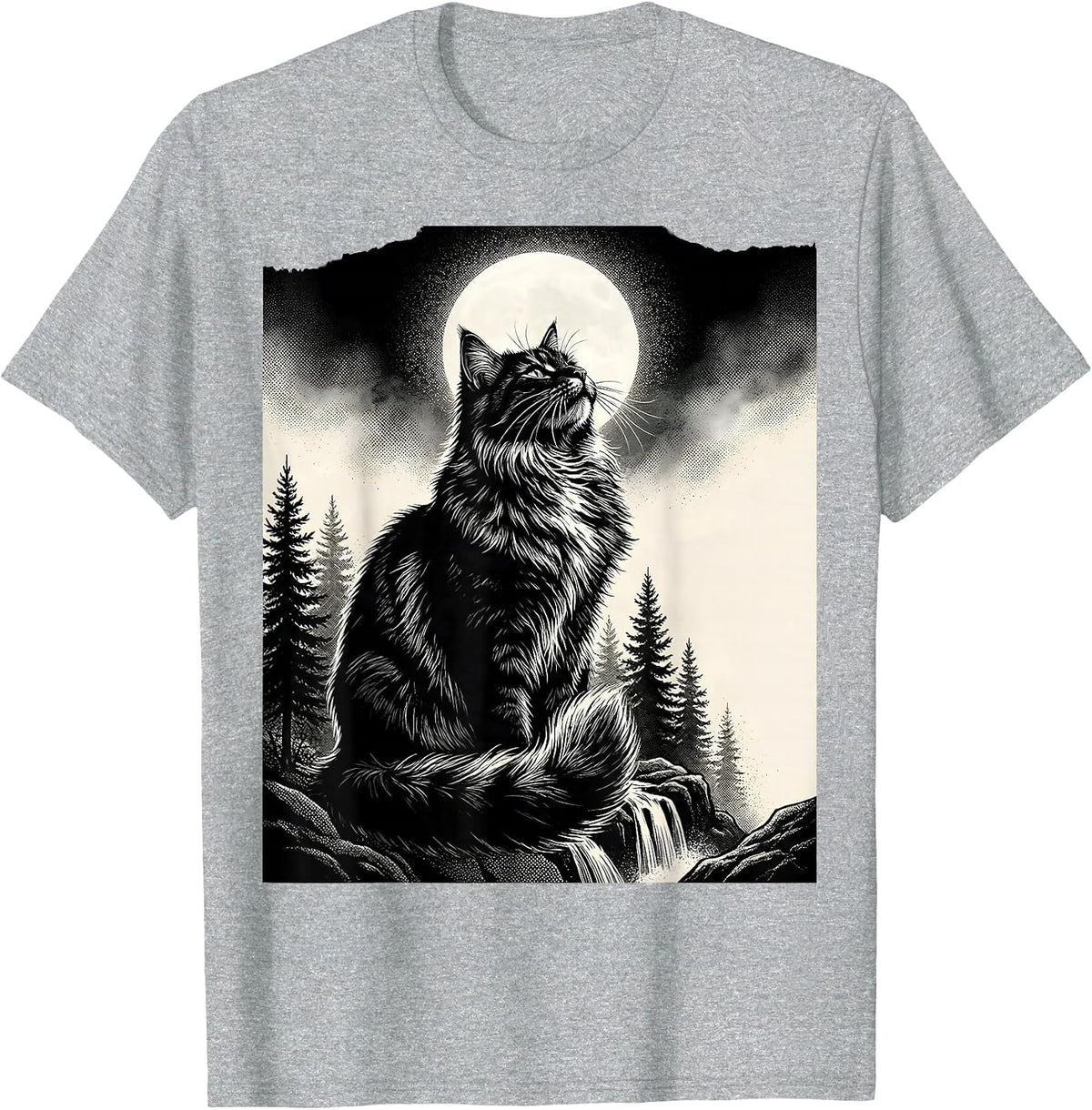 Men's Norwegian Forest Cat Howling at Moon Retro Fantasy T-Shirt - Heather Grey