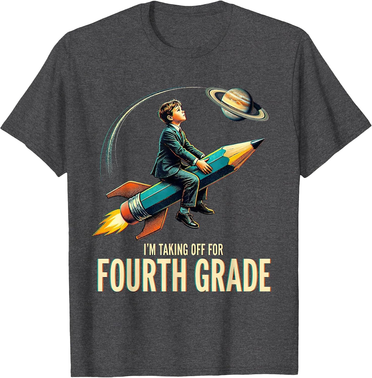 I'm Taking Off For Fourth Grade Playful Astronaut Back T-Shirt - Dark Heather Grey