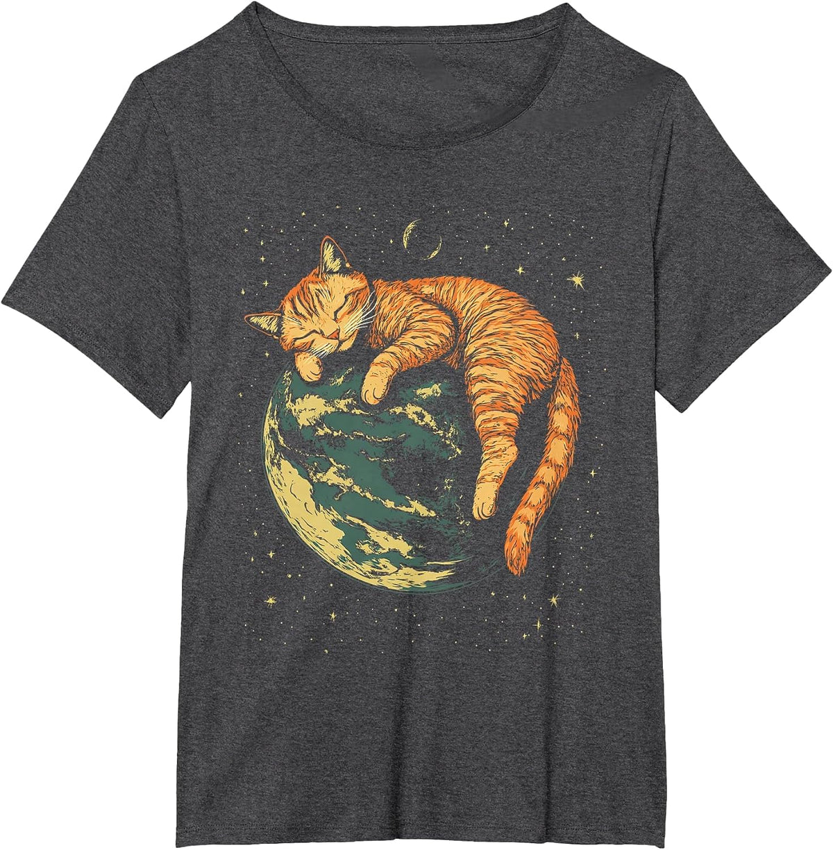 Lazy Orange Cat in Space T-Shirt - Dark Heather Grey