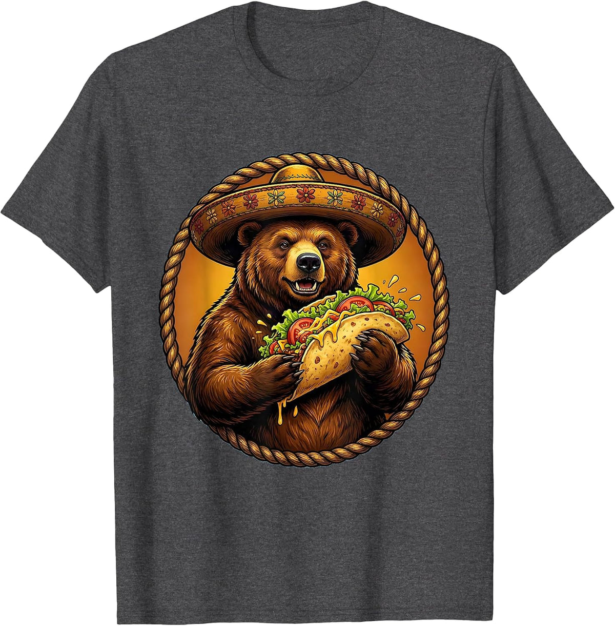 Men's Fiesta Bear Sombrero Taco Lover Graphic Tee T-Shirt - Dark Heather Grey