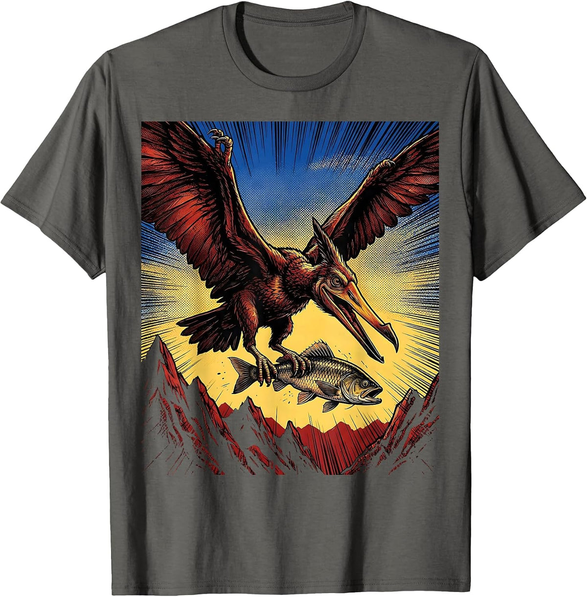 Pterodactyl Flying Over Mountains With Fish T-Shirt - Asphalt Grey