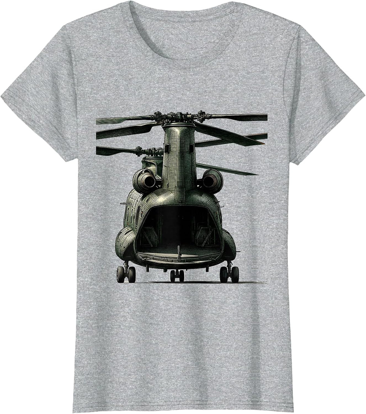 Women's CH-46 Sea Knight Crosshatch Etching Military Helicopter T-Shirt - Heather Grey