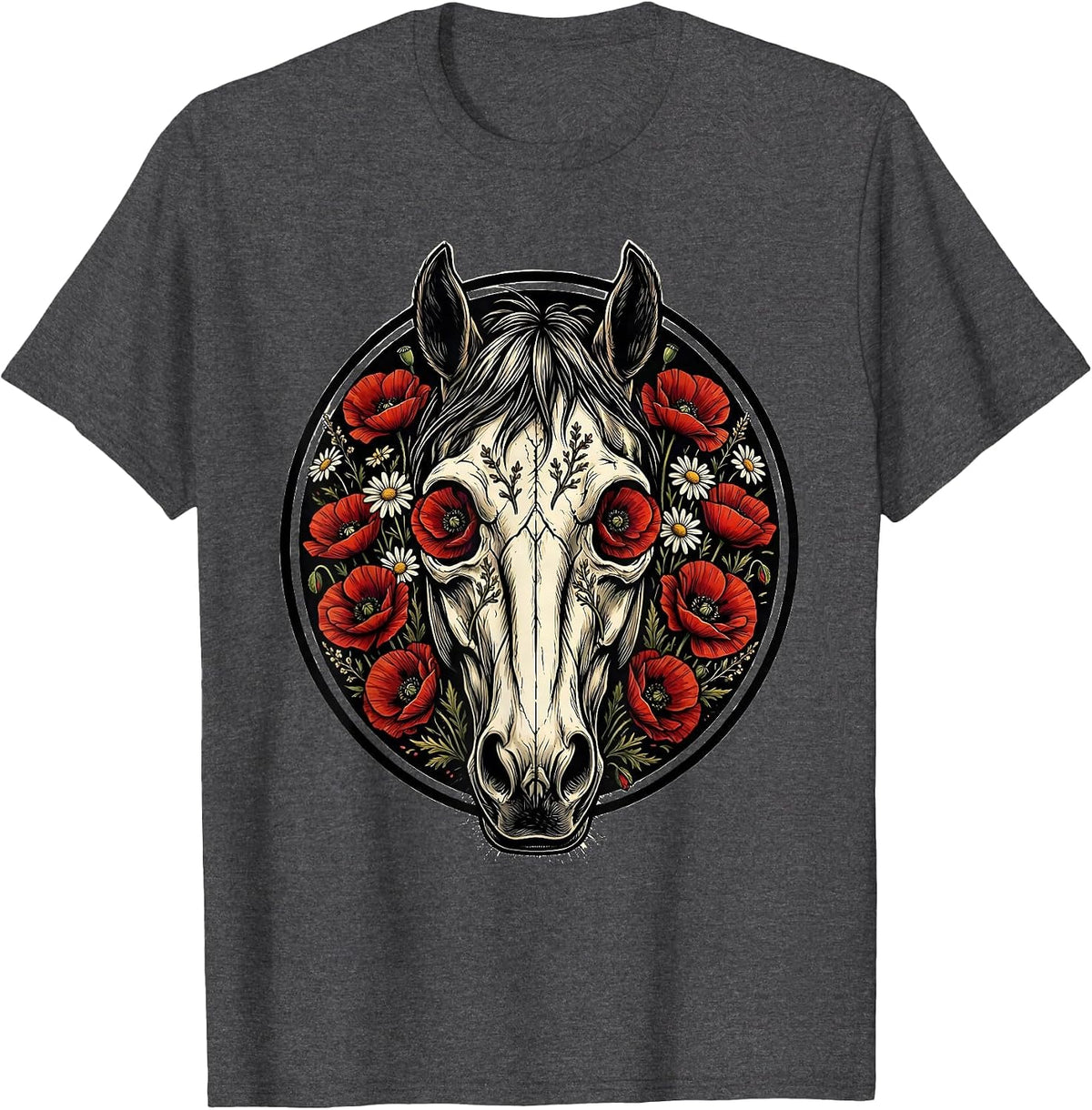 Horse Skull Wildflowers Boho Nature Art Design T-Shirt - Dark Heather Grey