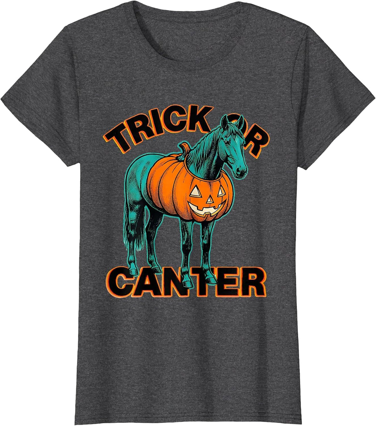 Women's Trick or Canter Risograph Halloween Horse Lover Equestrian T-Shirt - Dark Heather Grey