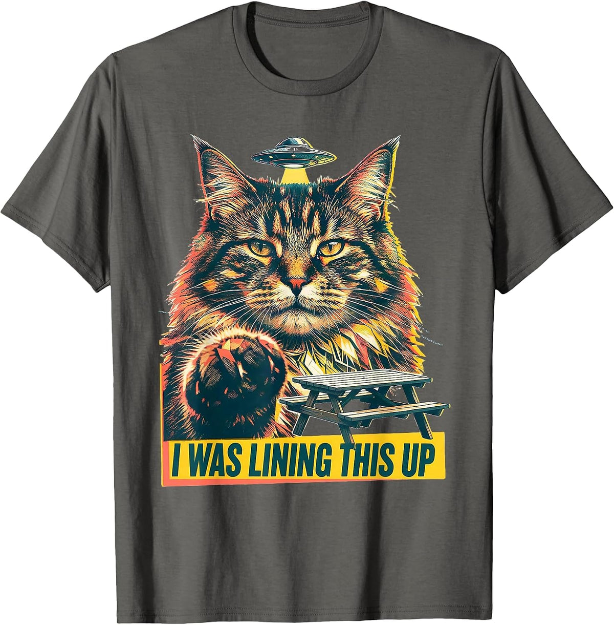 I Was Lining This Up Risograph Funny Cat UFO Meme Novelty T-Shirt - Asphalt Grey