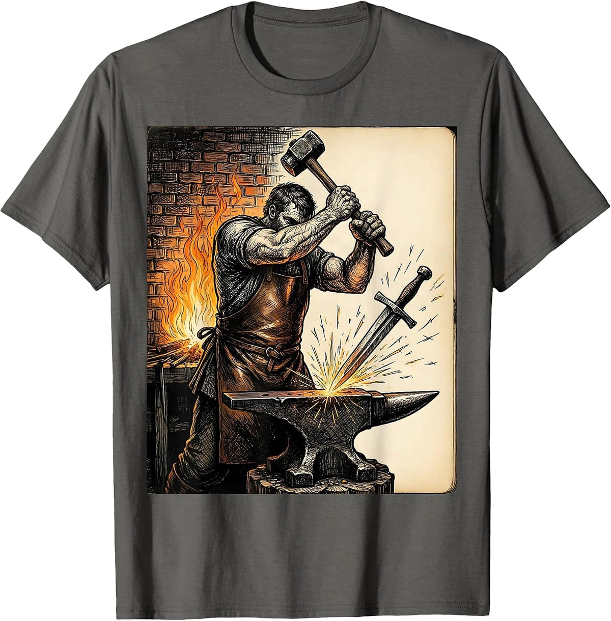 Renaissance Blacksmith Forge Hammering Sword Art T-Shirt - Asphalt Grey