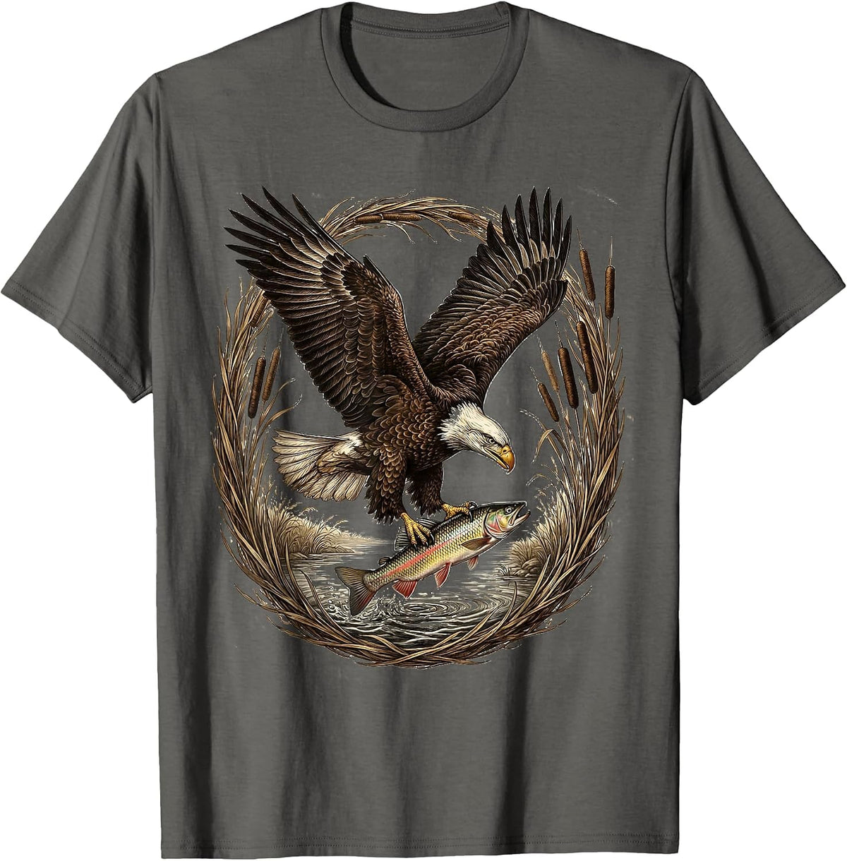 Eagle Diving for Trout Fishing Graphic T-Shirt - Asphalt Grey