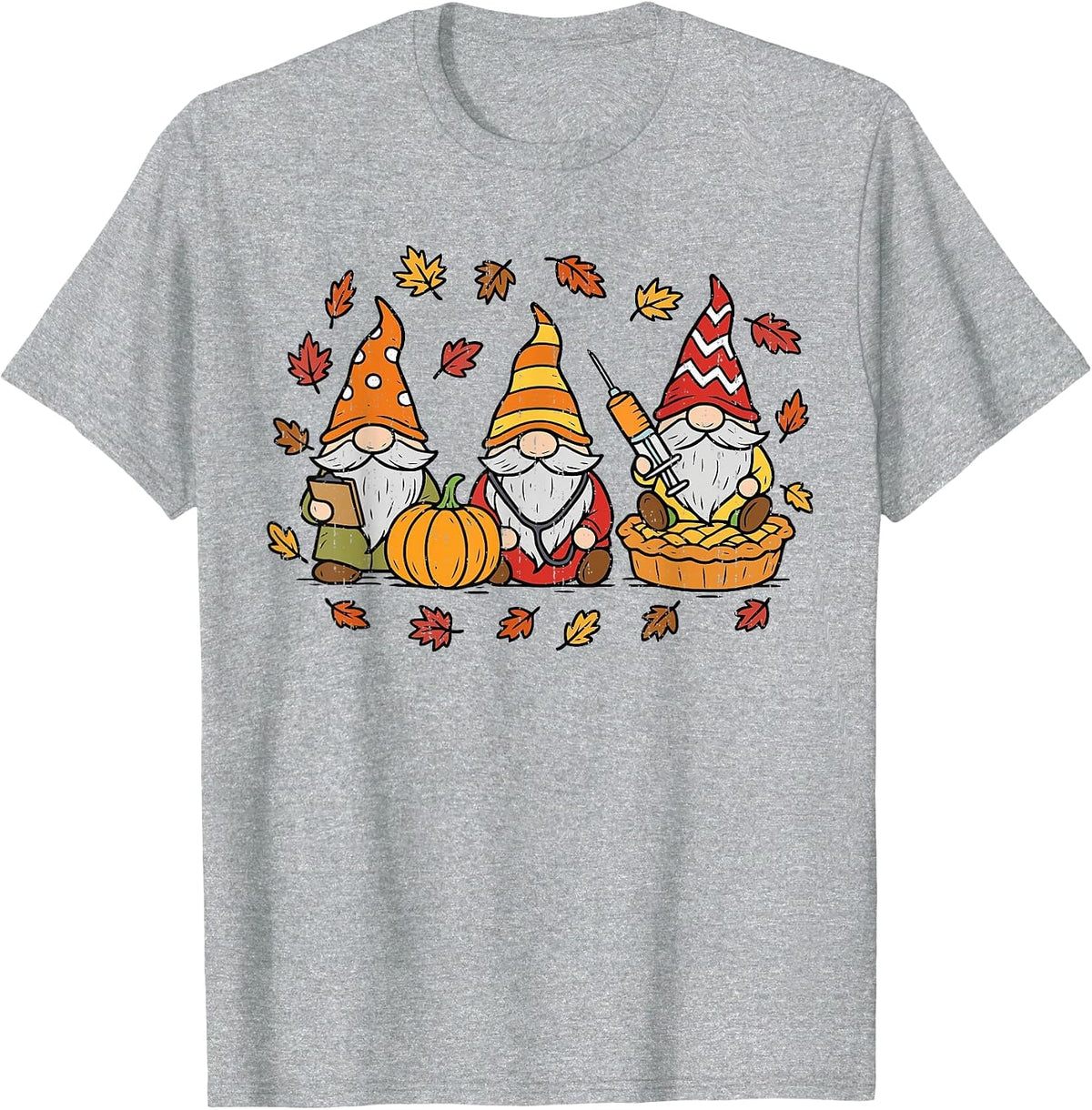 Funny Nurse Gnomes Thanksgiving Fall Scrub Top RN ICU ER T-Shirt - Heather Grey