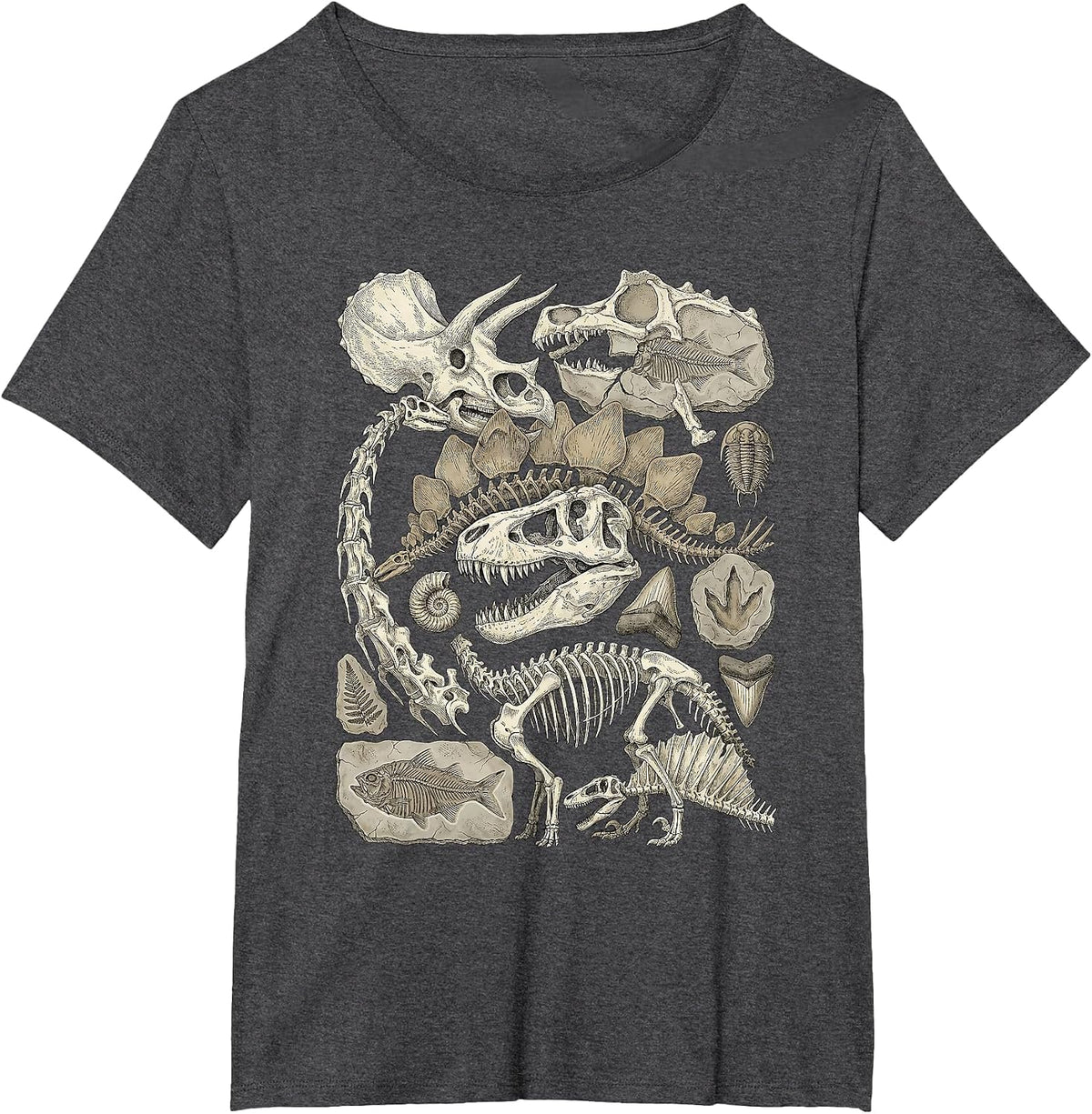 Vintage Dinosaur Skeleton Fragments Paleontology Art T-Shirt - Dark Heather Grey