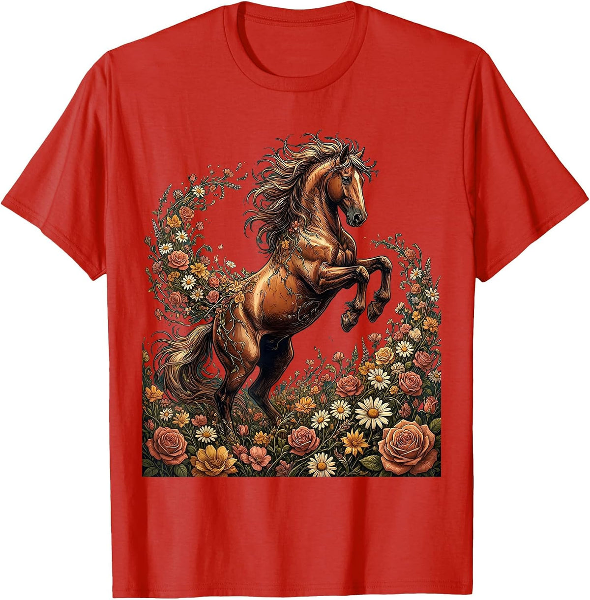 Men's Floral Bucking Horse Rodeo Graphic Design T-Shirt - Red