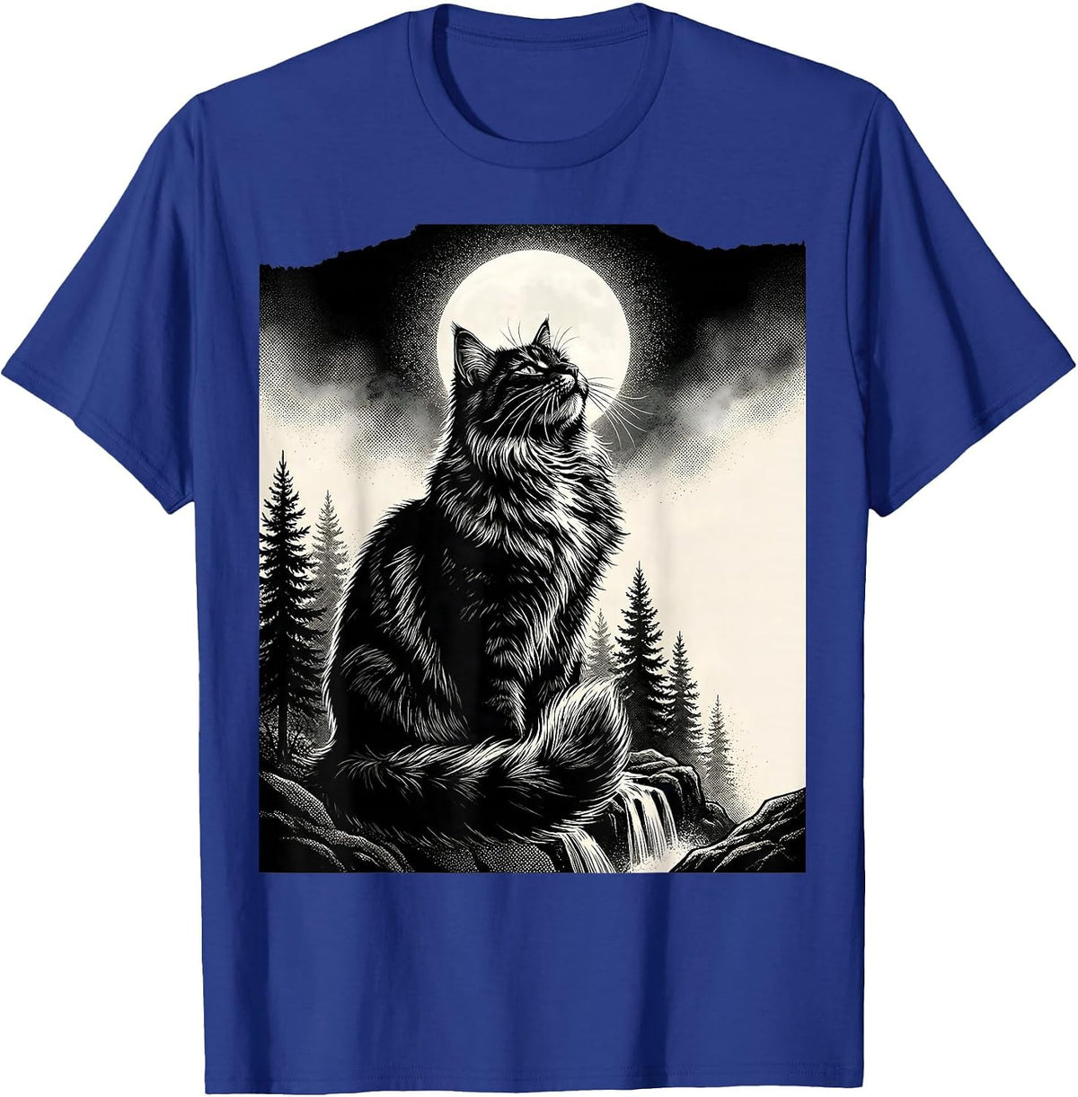 Men's Norwegian Forest Cat Howling at Moon Retro Fantasy T-Shirt - Royal Blue